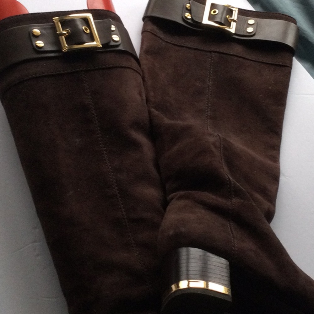 Tory Burch brown suede boots with gorgeous gold trim